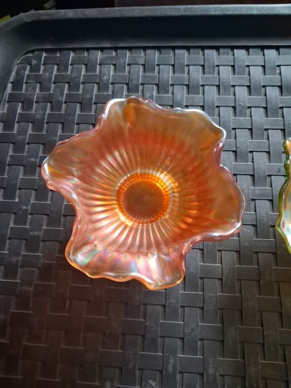Vintage Marigold Carnival Glass Ruffled Bowl Iridescent Small Decorative Bowl